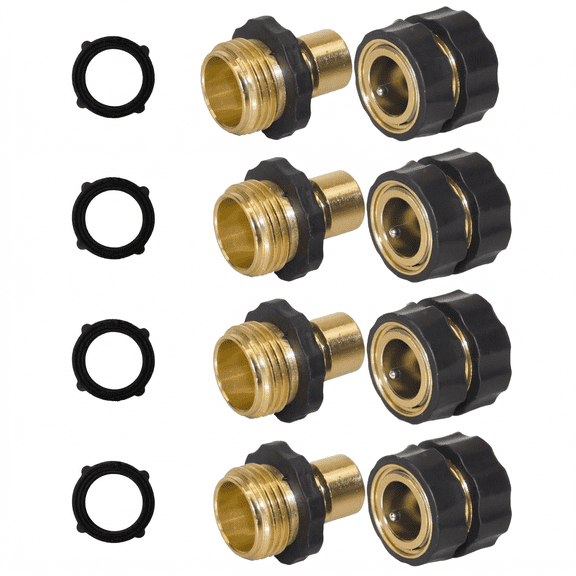 CNDRLEF Garden Hose Quick Connector, 4 Sets Solid Brass 3/4 Inch GHT Quick Connect Hose Fittings, Shut-Off Female & Male Adapters with Washers