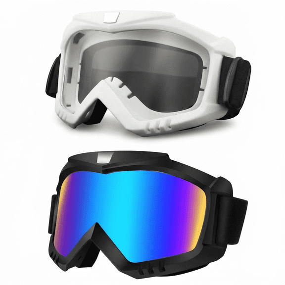 GQCLNBH Motorcycle Goggles 2 Pack, Dirt Bike Ski Riding Goggles, Helmet Compatible, Black Mirror Lens and White Clear Lens, Adjustable Strap