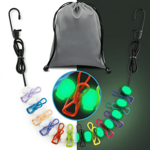 CNDRLEF Portable Travel Clothesline with 12 Clips, Glow in the Dark Laundry Line, Stretchable 6-10 Ft with Bag for Camping, Hotel, RV