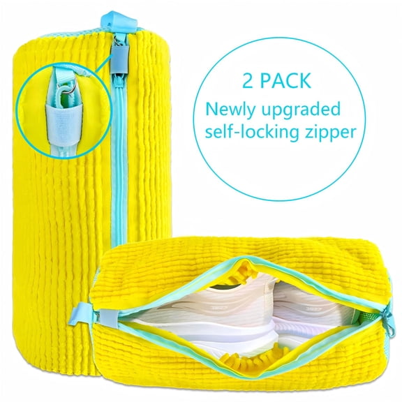 CNDRLEF Shoe Washing Bag for Washing Machine, XL Chenille Microfiber Shoe Cleaner Laundry Bag with Self-Locking Zipper, Heavy-Duty 260g Each, Yellow, 2 Pack