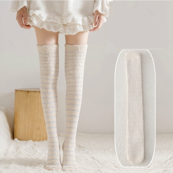 CNEJRHG 1 Pair Over Knee Coral Fleece Socks For Women Winter Striped Long Tube Cozy Fuzzy Warm Thickened Thigh High Socks Khaki#1