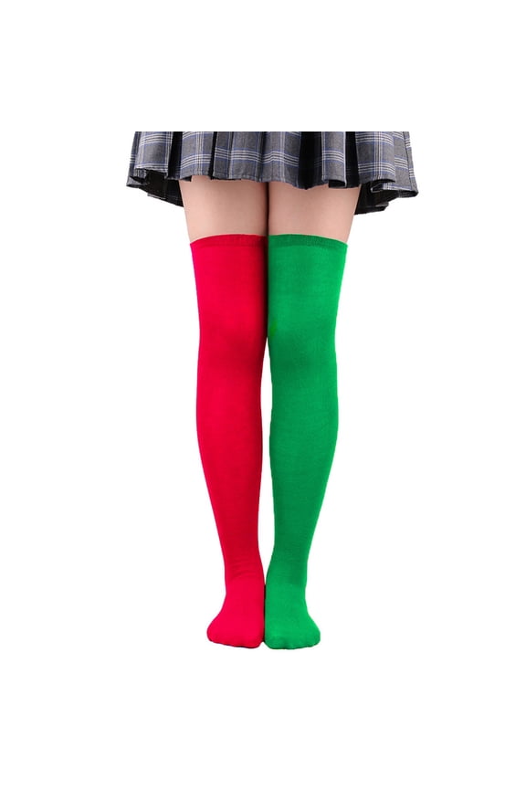 1 Pair Two Tone Solid Color Thigh High Socks for Women Over-the-Knee Elastic Long Sock Girls Tube Sock for Christmas Costume Party Dress Up Red&Green