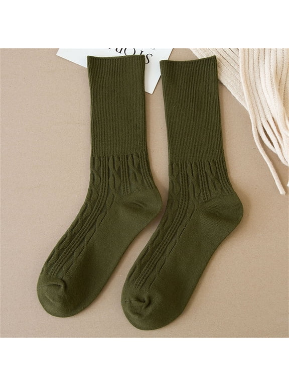1 Pair Women's Crew Socks Loose Tube Cotton Knit Soft Turn Cuff Autumn Winter Mid Calf Plain Color Stacked Socks Army Green