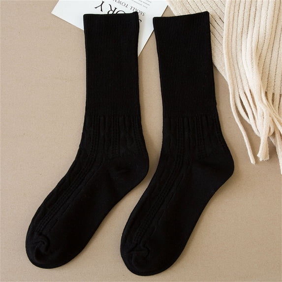CNEJRHG 1 Pair Women's Crew Socks Loose Tube Cotton Knit Soft Turn Cuff Autumn Winter Mid Calf Plain Color Stacked Socks Black