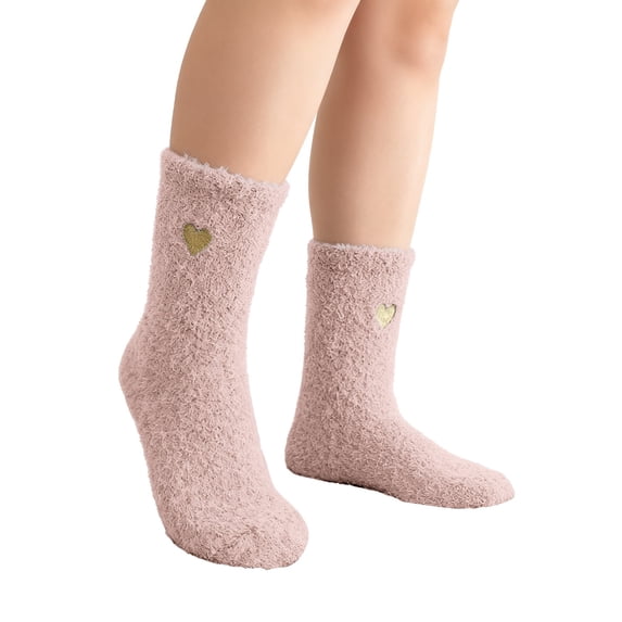 CNEJRHG 1Pair Love Heart Printed Plush Fuzzy Crew Socks for Women,Soft Mid Tube Floor Coral Fleece Sock,Womens Winter Warm Sleeping Stockings Home Plush Slipper Socks Pink