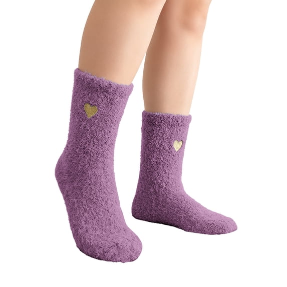 CNEJRHG 1Pair Love Heart Printed Plush Fuzzy Crew Socks for Women,Soft Mid Tube Floor Coral Fleece Sock,Womens Winter Warm Sleeping Stockings Home Plush Slipper Socks Purple