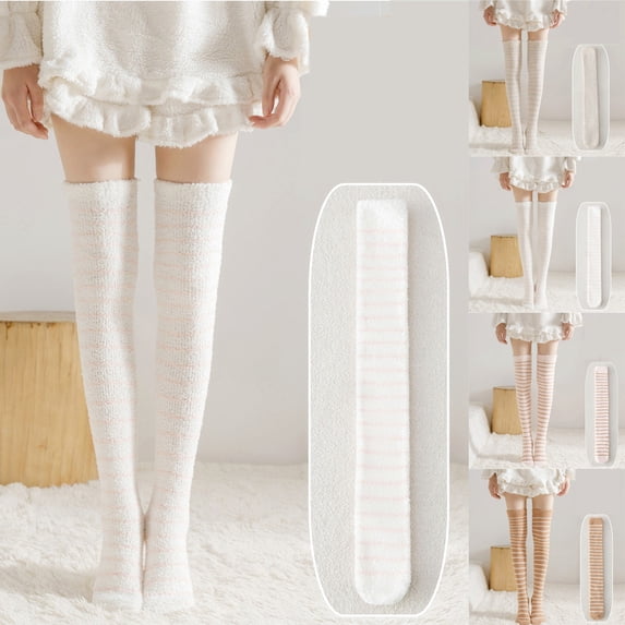 CNEJRHG 1Pair Striped Coral Velvet Over The Knee Socks for Women, Fuzzy Fleece Thigh High Boot Stockings, Womens Autumn Winter Warm Thermal Lounge Cozy Ultra Long Tube Socks Coffee