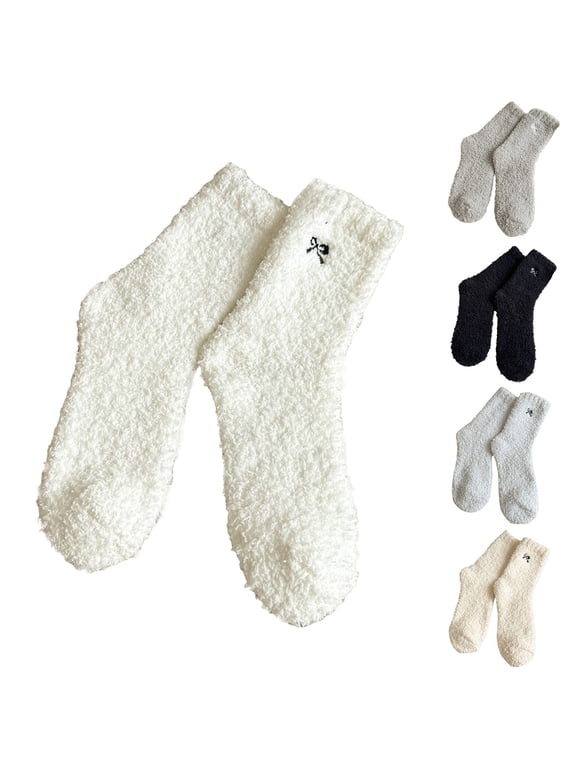 1Pair Womens Bow Knot Printed Coral Fleece Socks Fuzzy Plush Mid Calf Socks for Women Warm Cozy Winter Thick Casual Daily Business Lounge Sleeping Floor Crew Socks Black