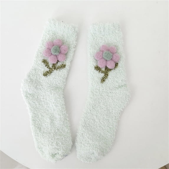 CNEJRHG 1Pair Womens Fluffy Thermal Socks Flower Non Slip Home Socks Fuzzy Thick Warm Slipper Socks Mid Tube Coral Velvet Floor Socks, US Size 7-12 Green