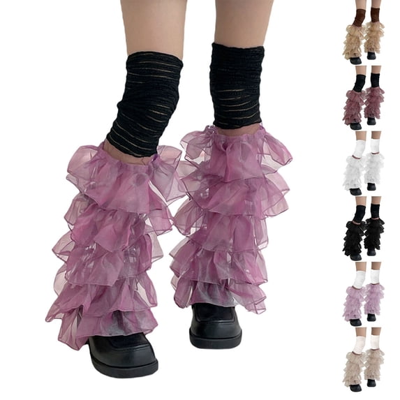 CNEJRHG 1Pair Womens Tulle Patchwork Knitted Ribbned Long Socks Multi Layer Leg Warmers Stockings Tiered Cake Frilly Mesh Sheer Cuff Knee-High Socks Wine