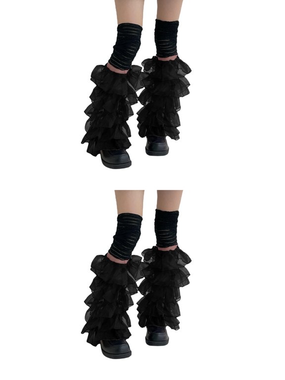 2Pairs Y2k Kawaii Leg Warmers For Women Cute Lace Harajuku Ruffles Tiered Leg Sleeves Gothic Lolita Long Slouch Socks Z1 Black 2x