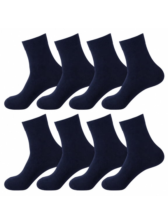 4Pairs Cotton Ribbed Elastic Cuff Crew Socks for Women Men Mid-Calf Cushioned Arch Support Breathable Moisture-Wicking All-Day Comfort Socks Navy Blue