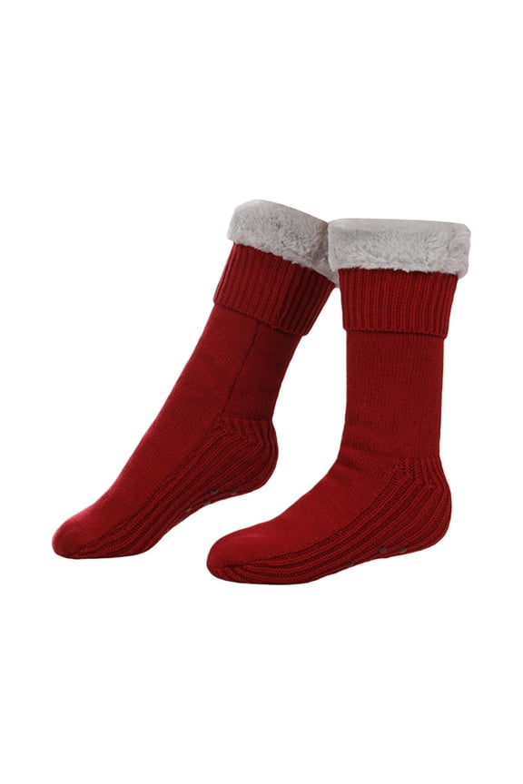 Women's 1Pair Winter Soft Warm Cozy Fleece Lined Fuzzy Slipper Socks With Non-Slip Grip Lounge Thermal Mid-Calf Socks Wine