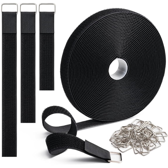 CNF 1" x16Ft Hook and Loop Straps with 25 Metal Buckles, Adjustable Fastening Cable Straps, Free Cut Length, Reusable Nylon Cable Ties for Organizer or Storage, Black
