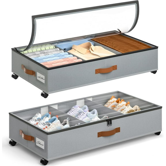 CNF Under Bed Storage with Wheels, 2 Pack Under Bed Storage Containers with Adjustable Dividers & Clear Window, Rolling Underbed Organizer Bins Drawers for Clothes, Shoes, Blankets, Grey