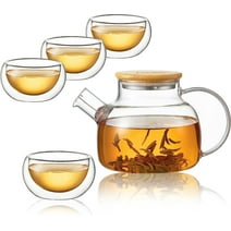 CNGLASS 30.4oz Glass Teapot with Bamboo Lid Stovetop Safe and 3.4oz(4-pack) Double Walled Glass Teacups,Glass Tea Maker Gift Set for Loose Leaf and Blooming Tea