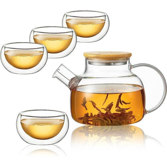 CNGLASS 30.4oz Glass Teapot Stovetop Safe with 3.4oz(4-Pack) Double Walled Glass Teacups, Glass Tea Maker Gift Set for Loose Leaf and Blooming Tea