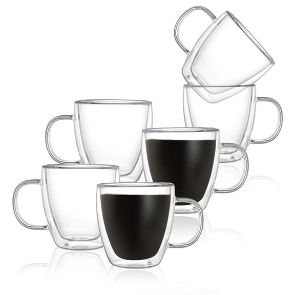 CNGLASS Insulated Espresso Glass Mugs 5.4oz, Clear Coffee Mugs Set of 6, Double Wall Glass Mug with Handle, Cappuccino, Latte, Tea Cups