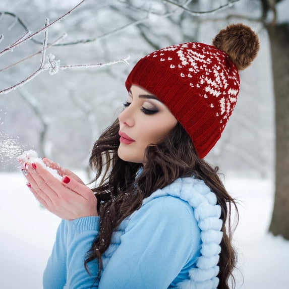 CNJKEHIUV Christmas Hat Under $3 Christmas Snowflake Knit Beanie With Pom Pom Warm Winter Hat