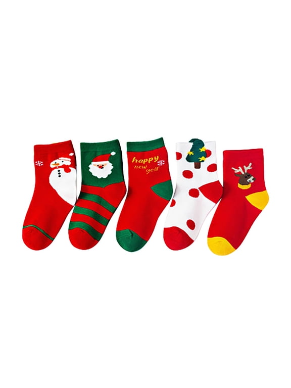 Hot Sales Socks Under $3 K'i'd's' Christmas Socks 5 Pack Santa Snowman Print Cotton Crew Socks B'o'y's G'i'r'l's Holiday Gift Warm Winter Soft