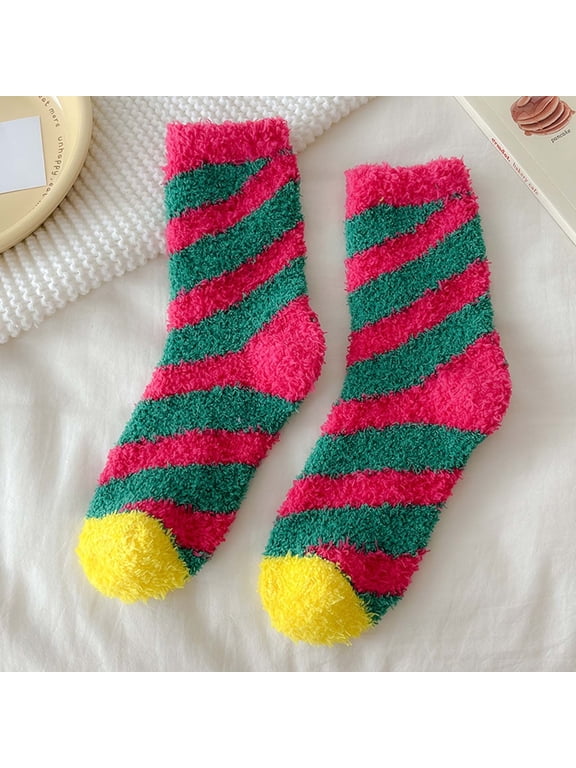 Hot Sales Socks Under $1 Womens Fuzzy Slipper Socks Coral Velvet Fuzzy Candy Cane Non Slip Indoor Christmas Holiday Home Sleeping Gift