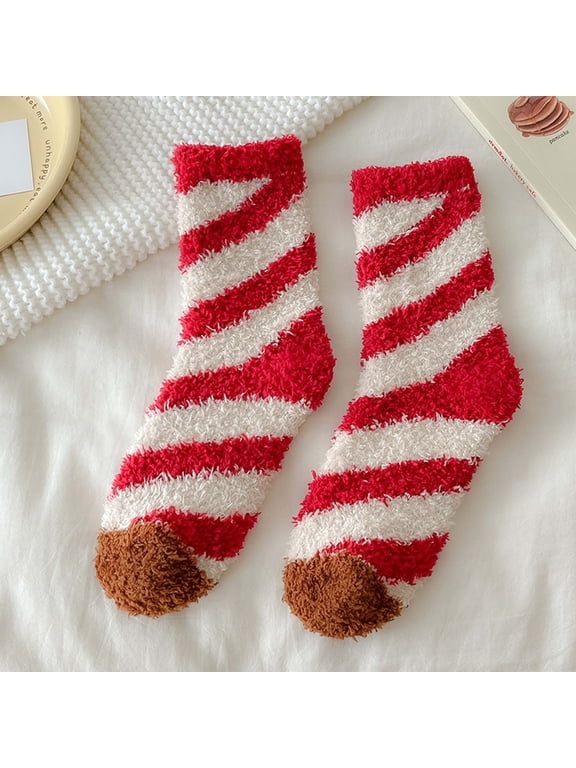Hot Sales Socks Under $2 Womens Fuzzy Slipper Socks Coral Velvet Fuzzy Candy Cane Non Slip Indoor Christmas Holiday Home Sleeping Gift