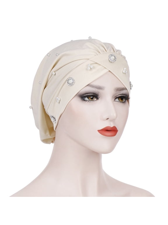 Under 5$ Hot Sales Summer Sales Women Cross Forehead Small Beaded Turban Hat Night Hat Chemotherapy Hat Muslim Baotou Hat Beige One Size