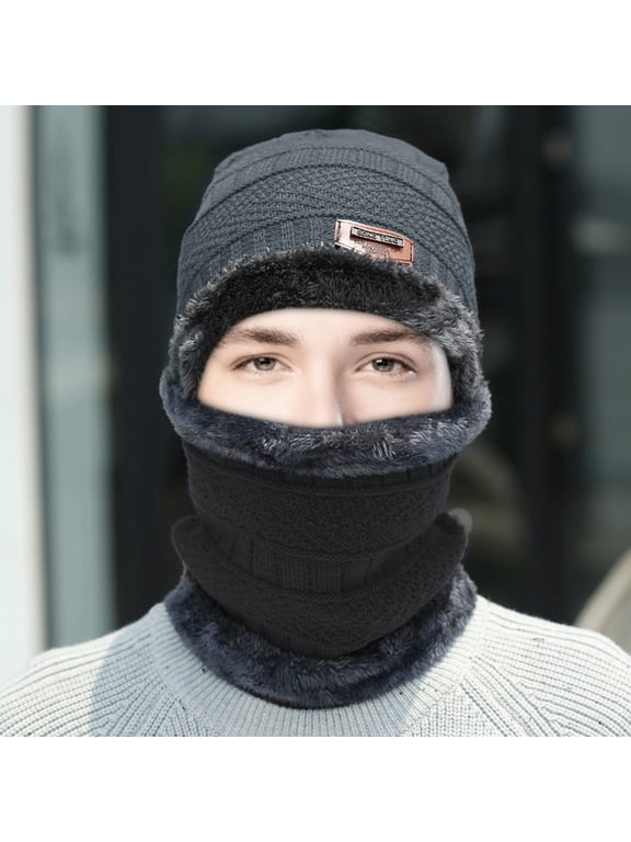 Under 7$ Hot Sales Summer Sales Winter Thermal Plush Hat Scarf Woolen Cap Cycling Windproof Cap Two-piece Suit Grey One size