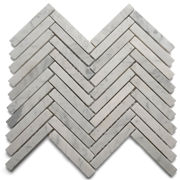 CNK Tile Carrara Small Chevron Mosaic Tile - 12" x 12" Hand-Sorted Polished Natural River Stone for Bathroom Kitchen Backsplash and Wall Decor - Durable Easy Installation - Pack of 1