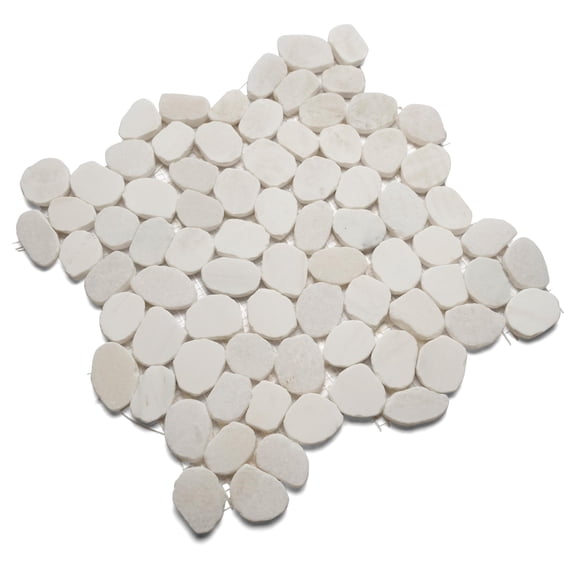 CNK Tile Milky White Small Round Sliced Pebble Tile - 12" x 12" & 12" x 24" Polished Natural Stone for Kitchen Backsplashes Bathroom Walls Shower Floors & Entryways - Easy Installation - Pack of 1