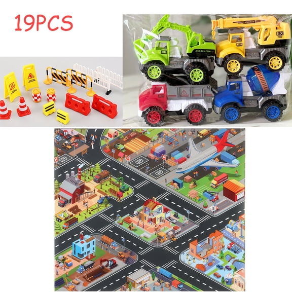 CNKOO 19Pcs Diecast Engineering Construction Vehicle Toy Set w/ Play Mat,4*Alloy Metal Car Toys Set,14 Road Signs for 3 4 5 6 Years Old Toddlers Kids Boys & Girls