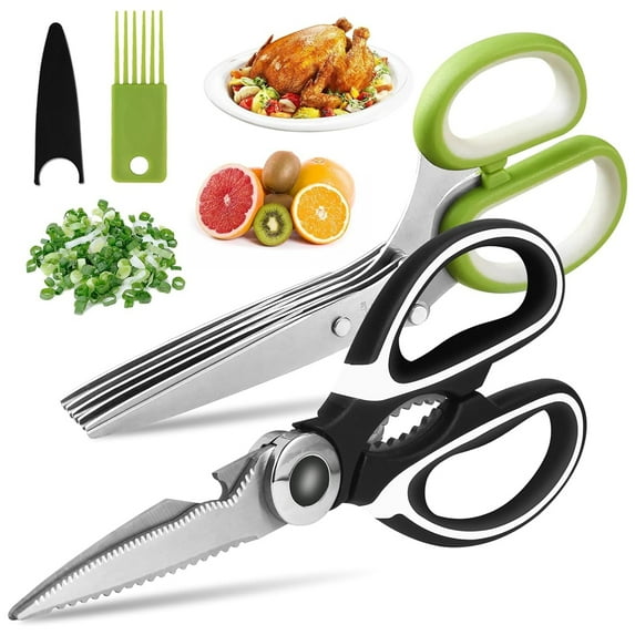 CNKOO 2 Pack Kitchen Scissors Set, Heavy Duty Kitchen Scissors Stainless Steel, Sharp Kitchen Shears & Herb Scissors with Cover for Food Meat Cutting