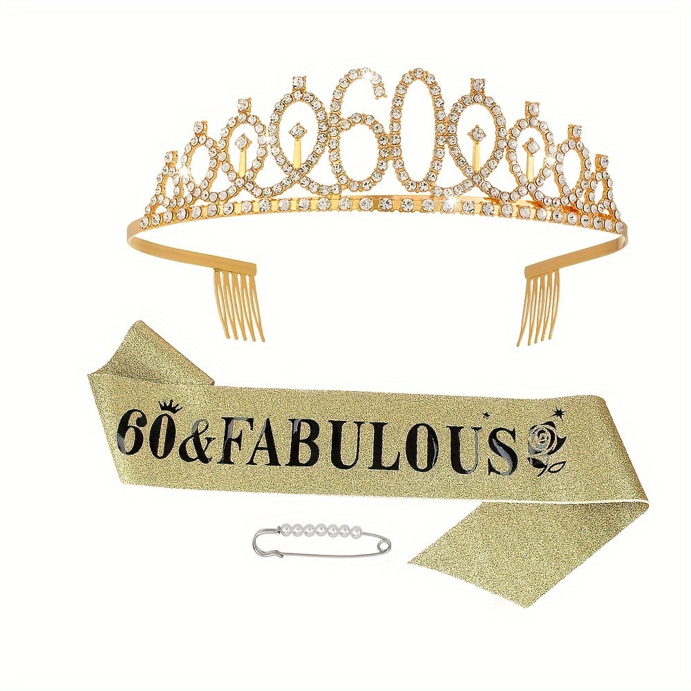 CNKOO 3 Pieces/set 60th Birthday Girl Queen Ribbon Crystal Crown Safety ...