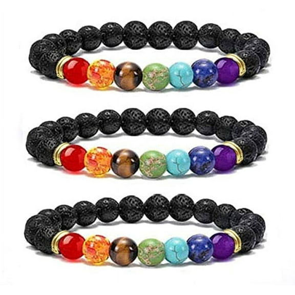 CNKOO 3PCS Men Women 8mm Lava Rock 7 Chakra Essential Oil Diffuser Bracelet Elastic Natural Stone Energy Yoga Colorful Bead Bracelet