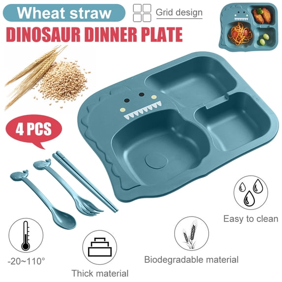 CNKOO 4Pcs/Set Wheat Stalk Kids Dinnerware Set - Children Dishes - Food Plate Spoon Fork Set Dishware, Cartoon Tableware, Dishwasher Safe Kids Healthy Mealtime, BPA Free (Dinosaur)