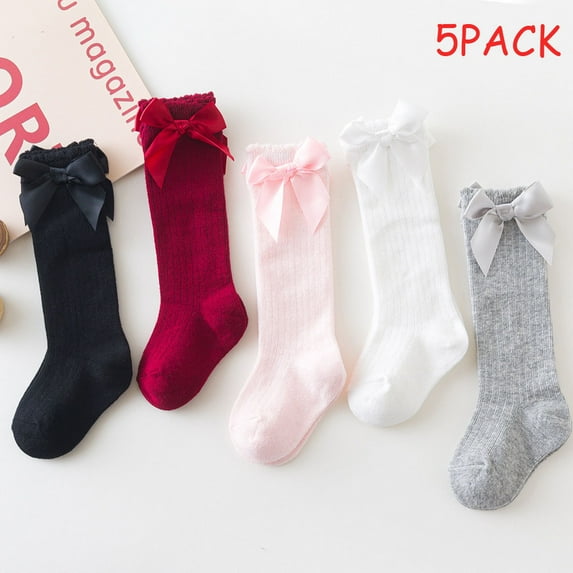 CNKOO 5-Pack Baby Girl Knee-High Socks Toddlers Bow Stockings Newborn Infant Non-Slip Sock
