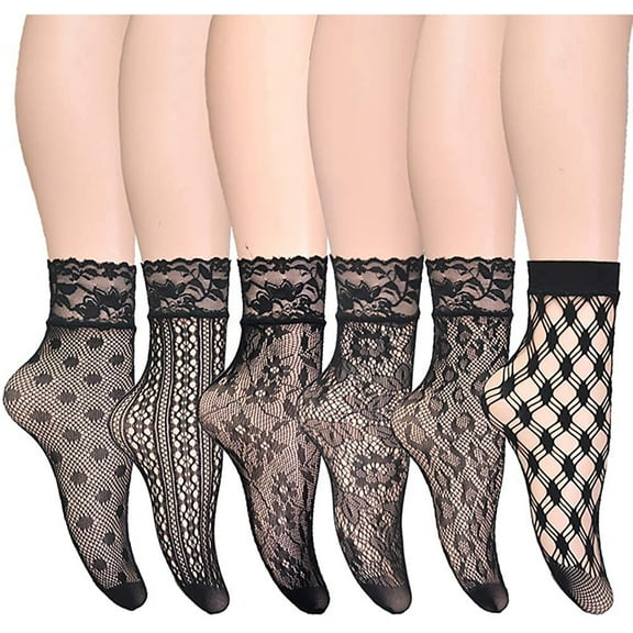 CNKOO 6 Pairs Lace Fishnet Ankle Socks for Women Anklet Socks for Dress