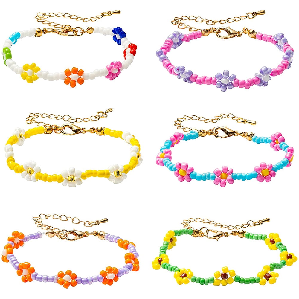 CNKOO 6 Pieces Bohemian Multi-Colored Cuff Bracelet Rainbow Bead New Boho Rainbow Daisy Flower Bangle for Women Handmade Jewelry Friendship Crystal Anklets for Party Vocation Summer Beach Surf
