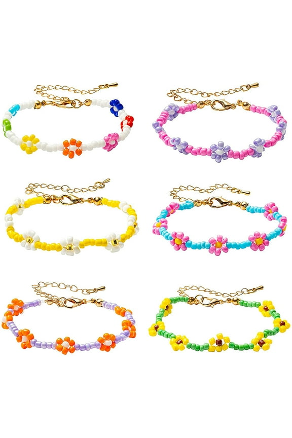 6 Pieces Bohemian Multi-Colored Cuff Bracelet Rainbow Bead New Boho Rainbow Daisy Flower Bangle for Women Handmade Jewelry Friendship Crystal Anklets for Party Vocation Summer Beach Surf