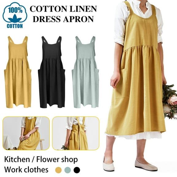 CNKOO Cotton Linen Apron Cross Back Adjustable Apron for Women with Pockets Cute Pinafore Dress for Baking Chef Gardening Without Waist Ties Yellow