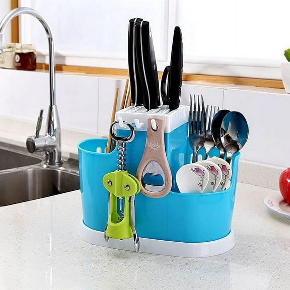 CNKOO Kitchen Utensil Organizer Flatware Caddy,Drying Rack Basket for Knives /Forks/Spoons/Chopsticks Blue