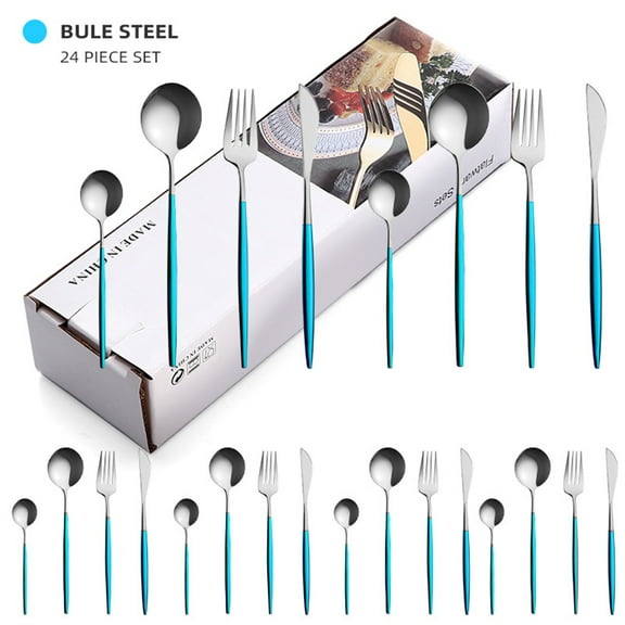 CNKOO Silverware Set, 24-Piece Stainless Steel Flatware Set, Mirror Polished Tableware Cutlery Set Knife Fork And Spoon For Home & Restaurant, Dishwasher Safe (Blue Silver)