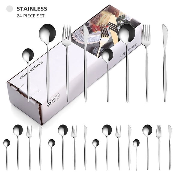 CNKOO Silverware Set, 24-Piece Stainless Steel Flatware Set, Mirror Polished Tableware Cutlery Set Knife Fork And Spoon For Home & Restaurant, Dishwasher Safe (Silver)