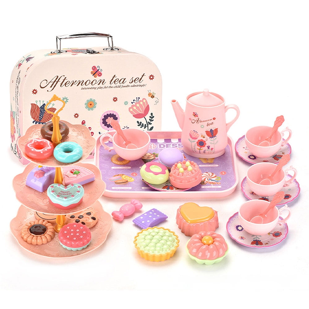 CNKOO Tea Set for Little Girls, Princess Party Tea Set Kitchen Pretend Toy with Desserts, Girls Birthday Gift for Kids Toddlers Ages 3 4 5 6 Year Old