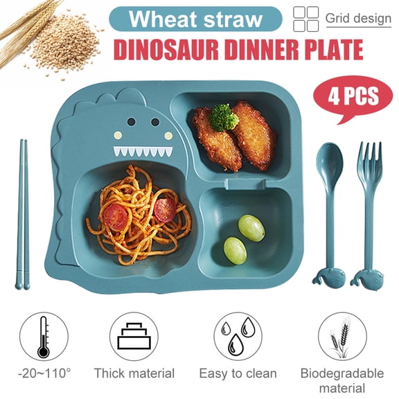 CNKOO Unbreakable Divided Portion Plate - Lightweight Wheat Straw Fiber, Microwave & Dishwasher Safe,Plate, Fork, Spoon, Chopsticks 4 piece set for Kids Adults (Dinosaur)