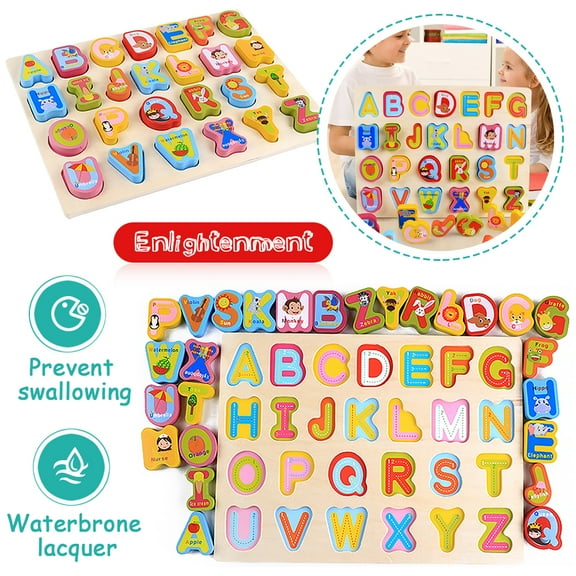 CNKOO Wooden Puzzles, Chunky Wooden Peg Board Alphabet Puzzles with Colorful Fruit Animal Pattern, Educational Learning Toy for Kids