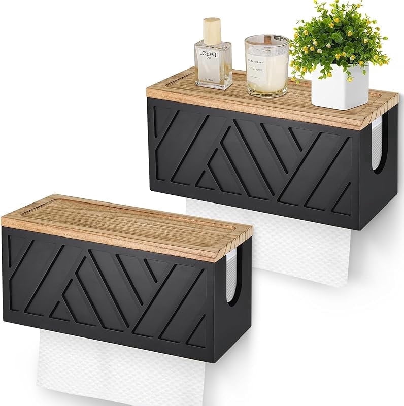 Cnshop Wall-Mounted Paper Towel Dispenser with Solid Wood Top, C-Fold/Trifold Towel Holder with Lid for Bathroom, Black