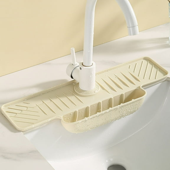 CNNIK Beige Faucet Guard Draining Mat with Hanging Basket, Sink Draining Mat, Non-Slip Multi-Functional Organizer for Household Bathroom Countertop