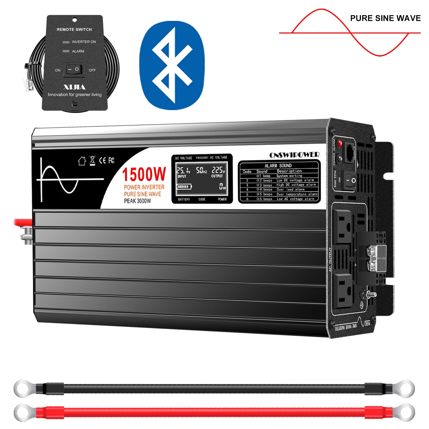 CNSWIPOWER 1500W Pure Sine Wave Inverter 36V DC to 120V AC, 3000W Peak, Bluetooth, 60Hz Solar Converter for Home & Car Use(DC36V (Range 30V-45V) 1500W)