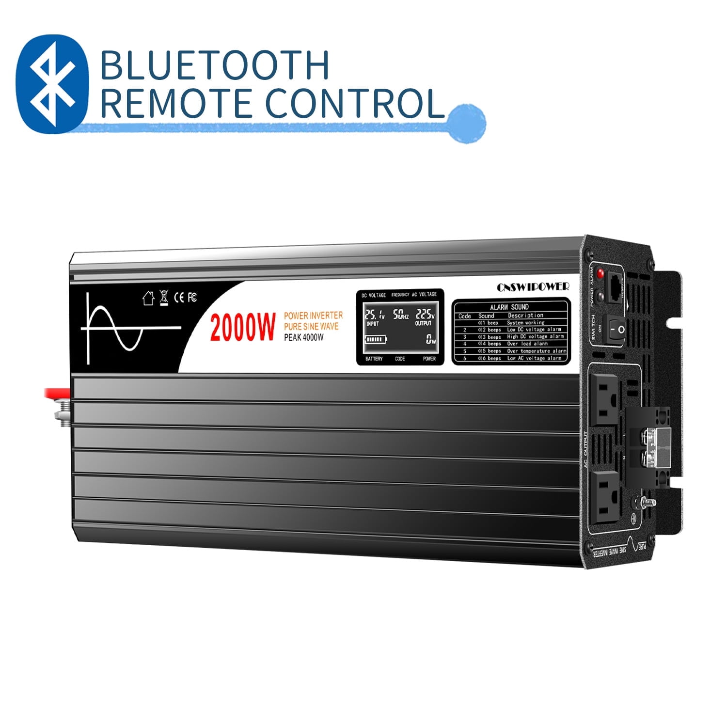 CNSWIPOWER Pure Sine Wave Power Inverter 2000W(Peak4000W) DC 12V to AC 120V Bluetooth（10~15VDC）